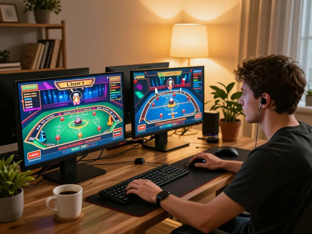 Engaged player using ga28 com in a cozy home gaming setup with multiple screens and snacks