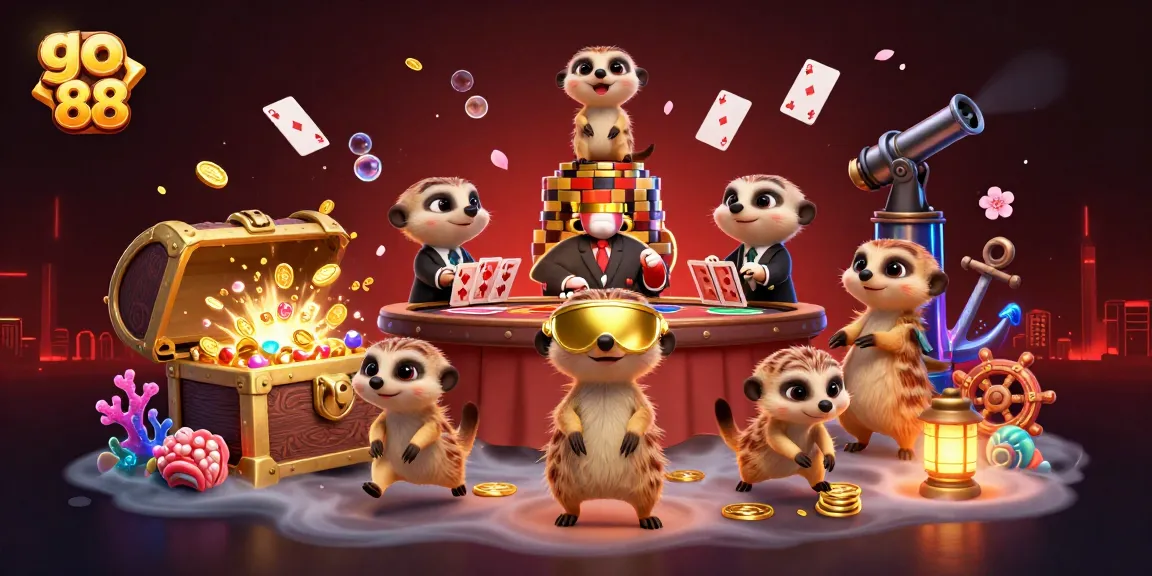 Experience thrills at go 88 with meerkats managing an exciting casino operation amidst treasure and vibrant scenery.