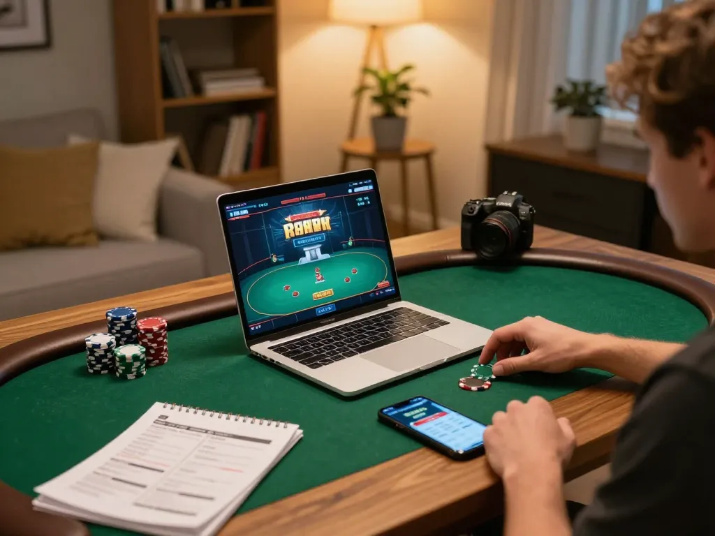 Engaged player using the sumclub app for online poker in a cozy home setup, highlighting modern digital gambling.