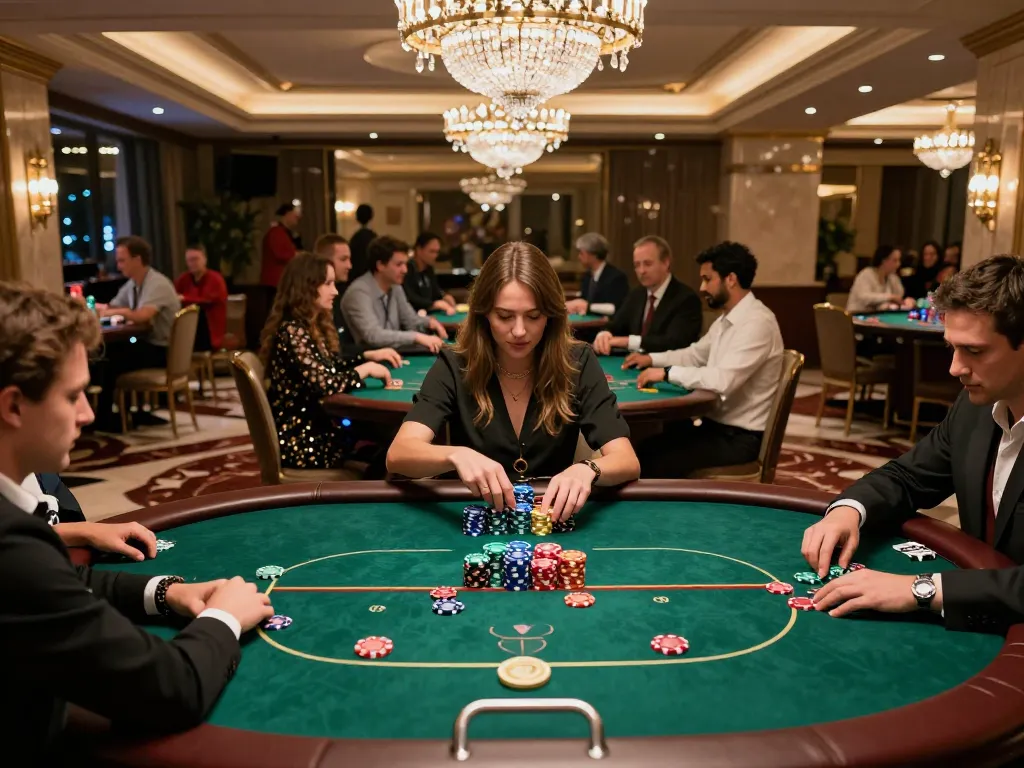 The excitement of gambling on tỷ lệ kèo nhà cái at a vibrant casino table featuring engaged players and colorful chips.