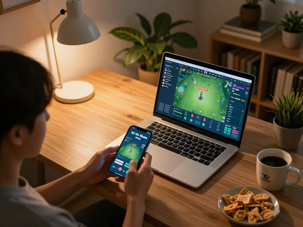 Tài xỉu online mobile gaming session showing a player engaged with an app in a cozy setting.