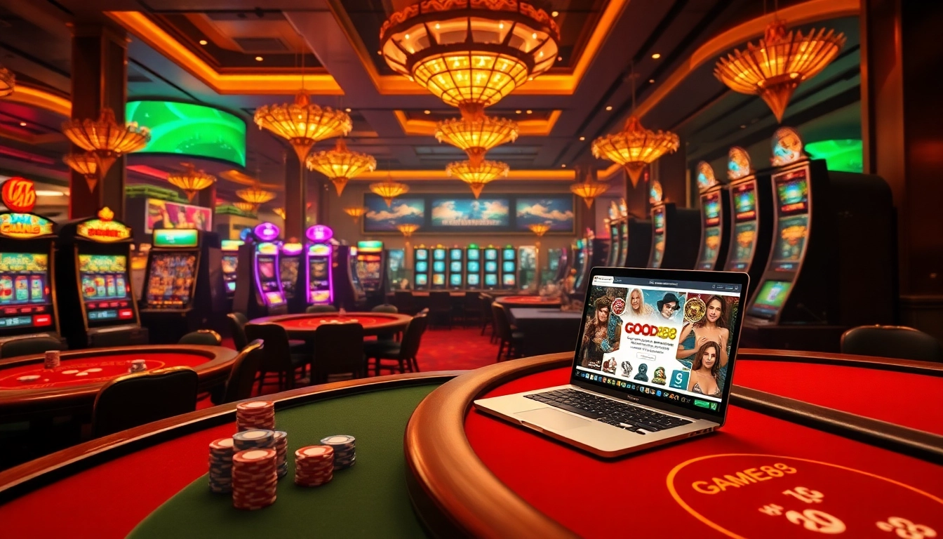 Experience the thrill of gambling at Good88 with vibrant casino tables, poker chips, and exciting slot machines.