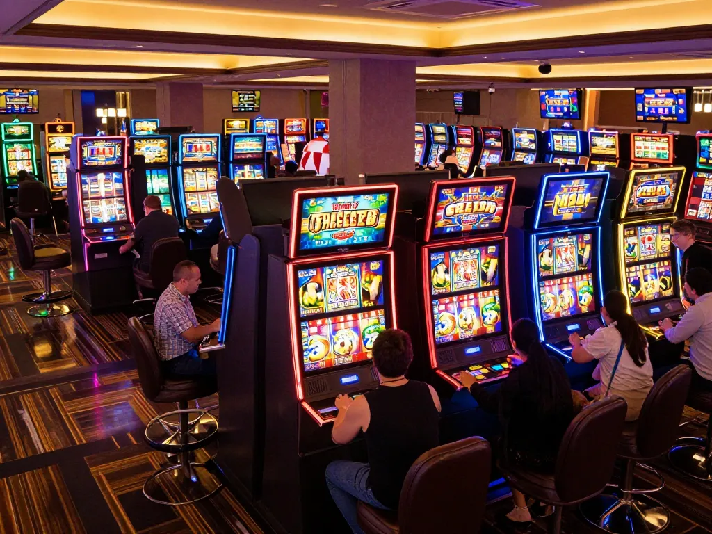 Players enjoying thrilling slot 777 machines in an illuminated casino environment, showcasing excitement and engagement.
