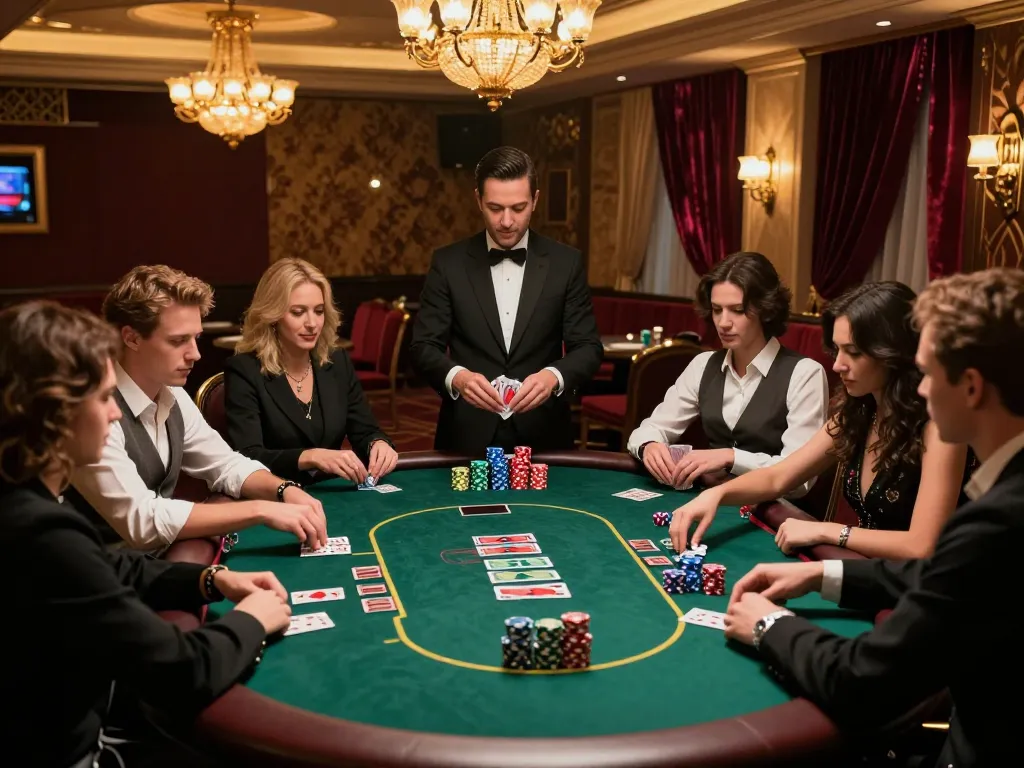 Players engaged in a thrilling Texas Hold'em game at 88คลับ, amidst an elegant casino atmosphere.