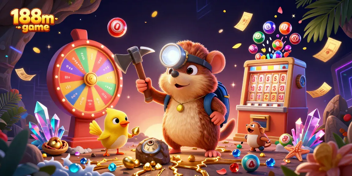 Engage in thrilling gaming at 188m-game with exciting lottery elements and a dynamic treasure hunt scene.