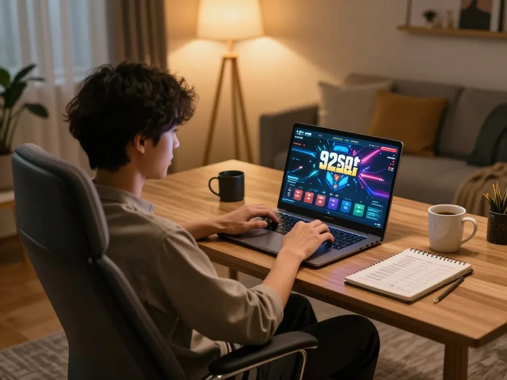 Player enjoying 92slot online gaming with laptop at home, capturing strategic betting excitement