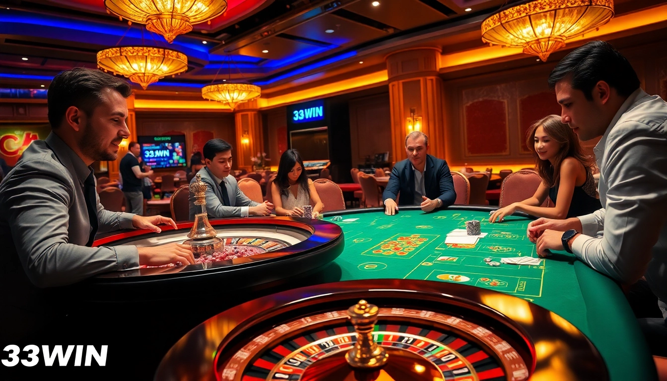 Experience the excitement of 33WIN with vibrant poker and roulette games in a luxurious casino setting.