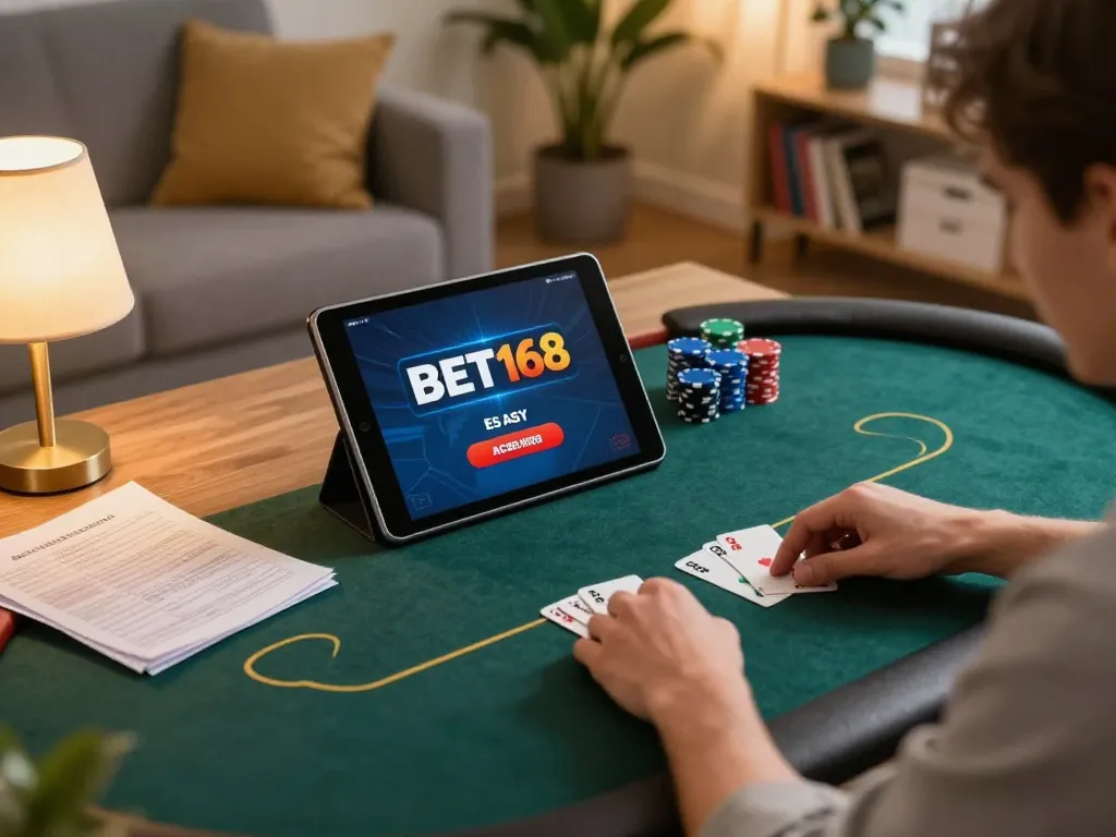 Engaging player enjoying poker with BET168 app in a cozy home setting.