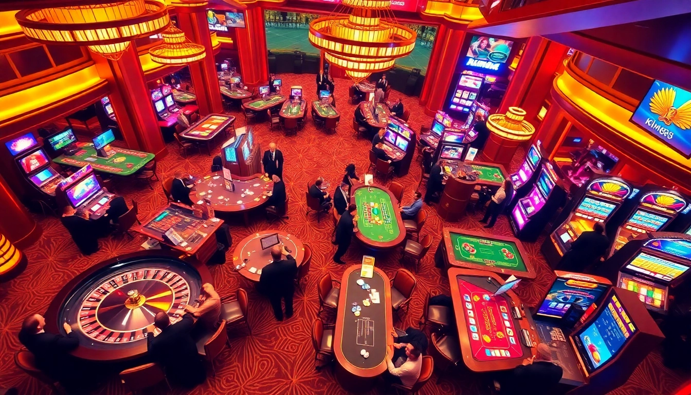 Exciting game kim88 experience at a vibrant casino with roulette wheels and poker tables.