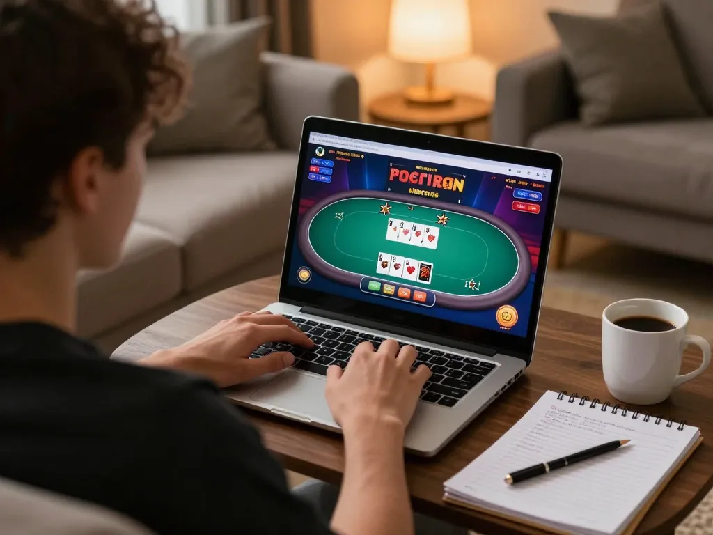 Player enjoying online poker at home with five88 interface visible, showcasing strategic gameplay.