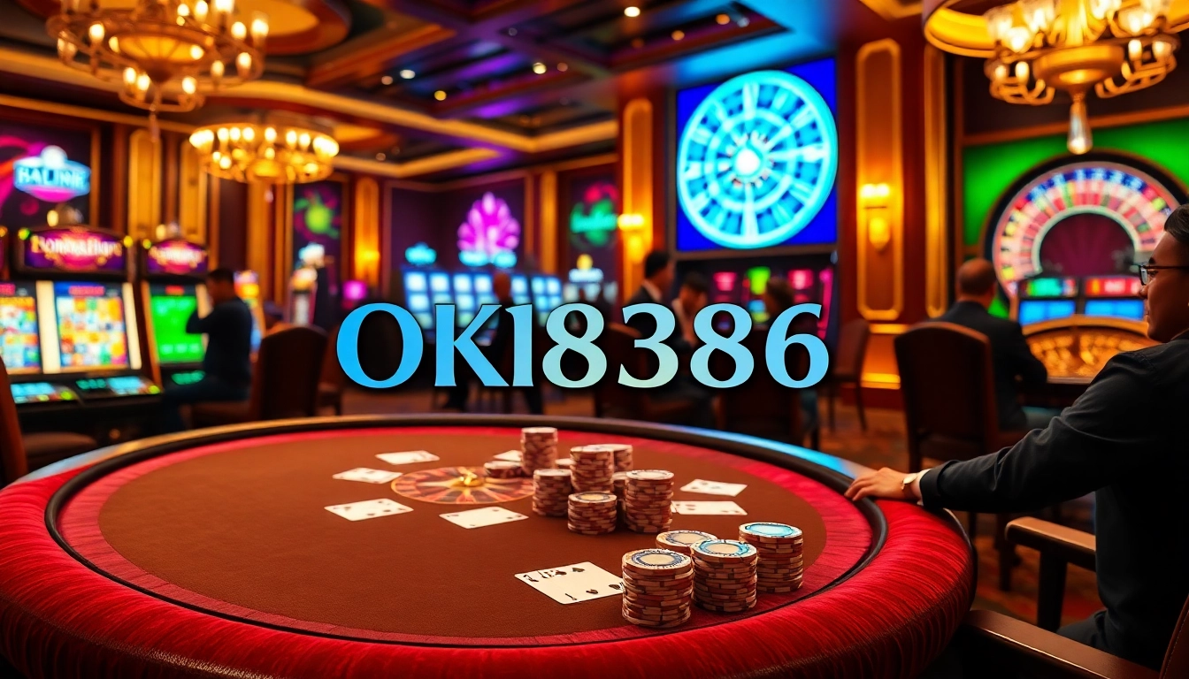 Experience the thrilling ambiance of OK8386 casino with players enjoying poker and slot games.