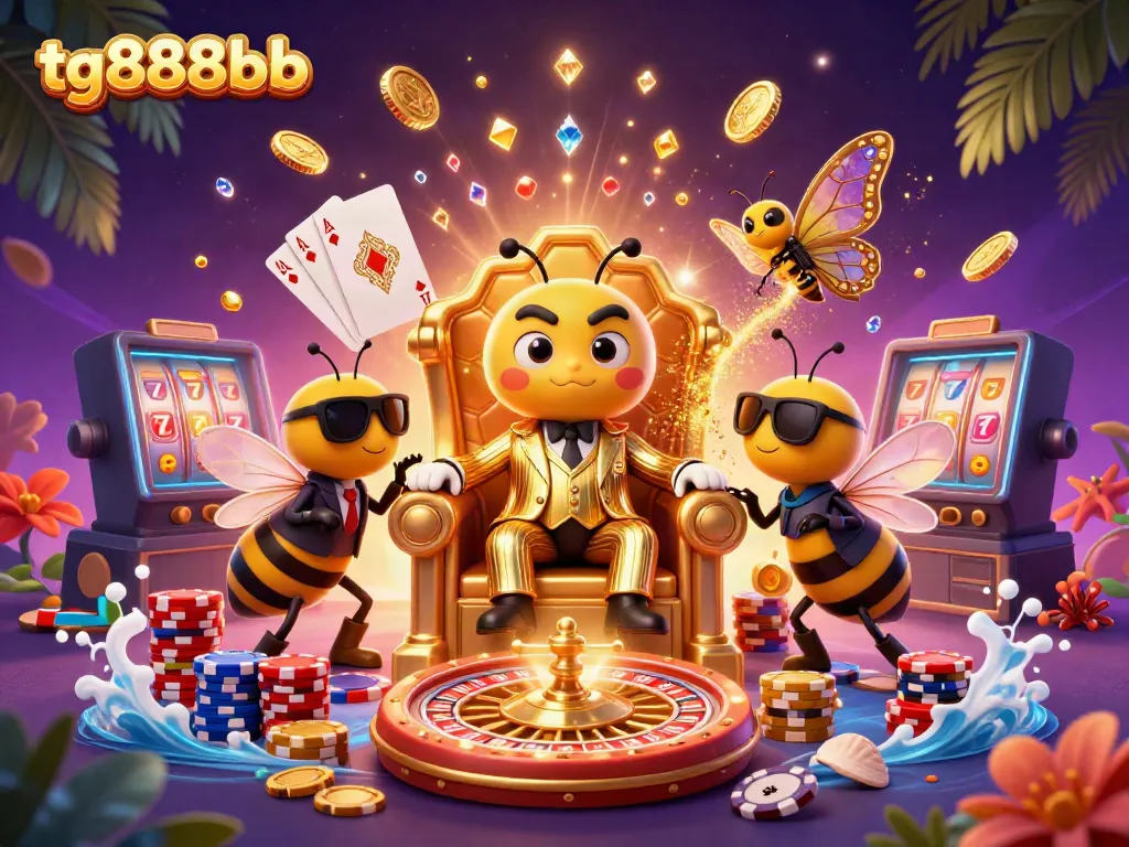 Experience the excitement at tg888bb with a whimsical casino scene featuring a bumblebee mob boss and vibrant gaming elements.