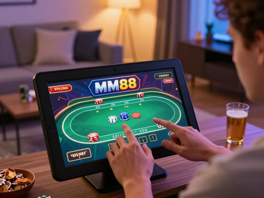 Player enjoying MM88 online gaming session in cozy home setting with poker interface visible