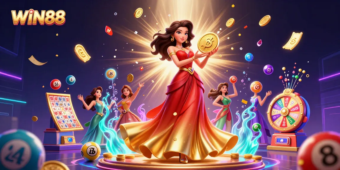 Experience the excitement of WIN88 with a stunning illustration of a woman celebrating a huge win.