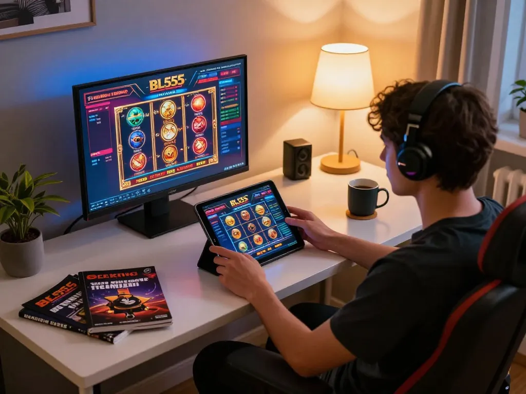 Player enjoying immersive gaming experience with BL555 on tablet at home.