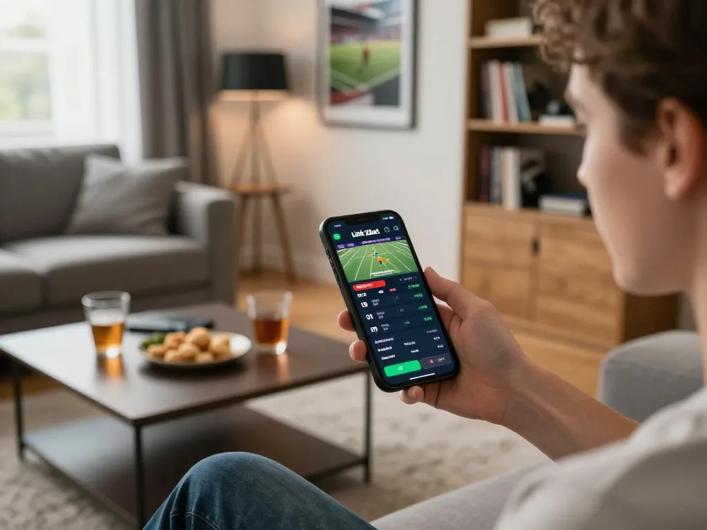 Đang tương tác với ứng dụng Link 12bet trên điện thoại thông minh trong khi tận hưởng cá cược thể thao tại nhà.
