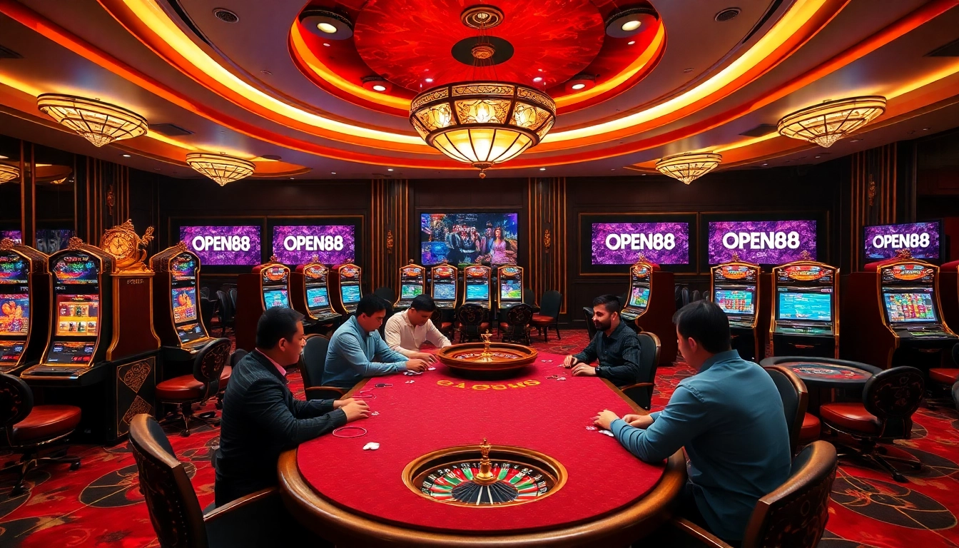 Players enjoying poker at OPEN88's luxurious casino table, with slot machines and roulette wheel in the background.