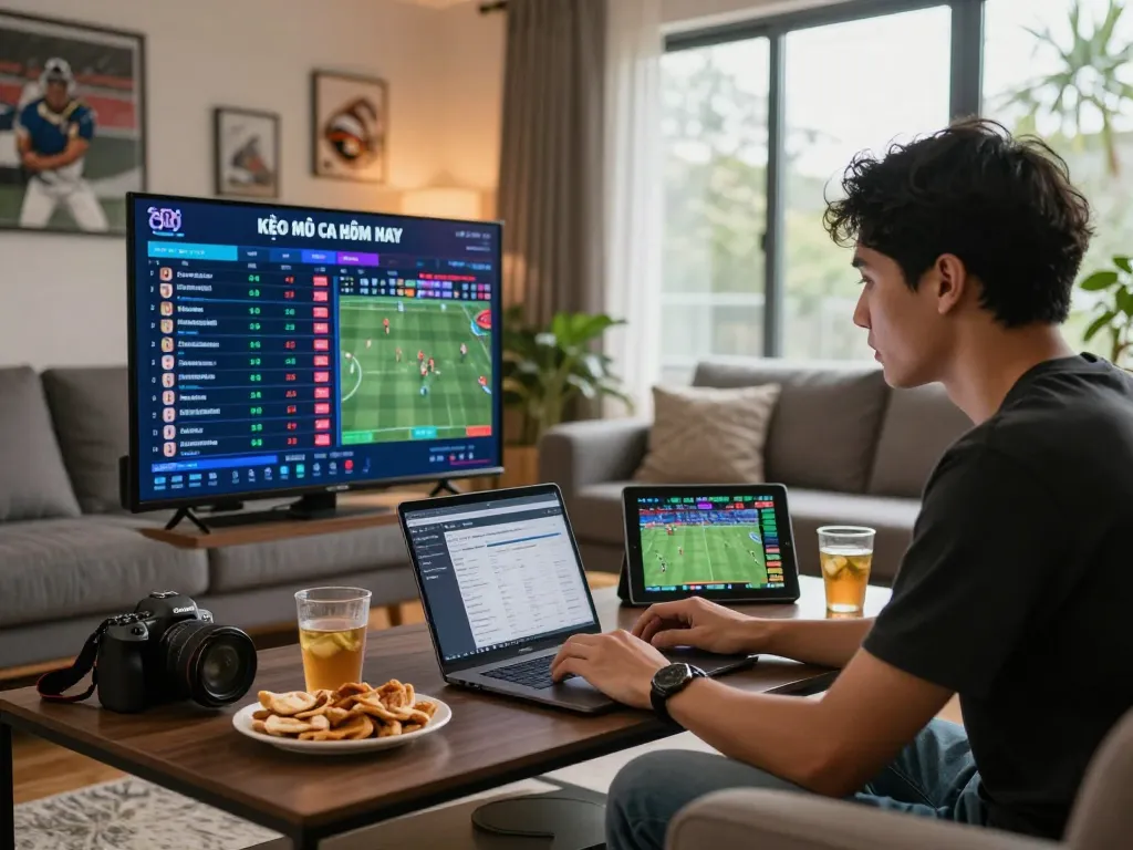 Engaging kèo nhà cái hôm nay betting scene in a cozy living room with digital sports odds and lively atmosphere.