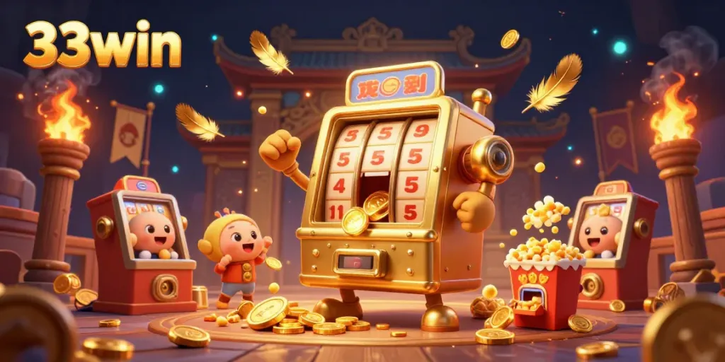 Experience the excitement of winning with 33win's animated slot machine jackpot celebration, surrounded by cheering companions.