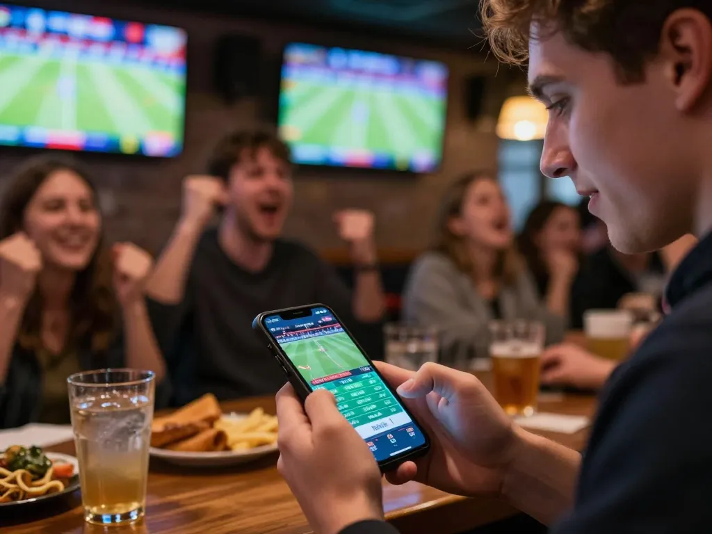 Betting excitement at the sports bar using the Fun88 app for live events.