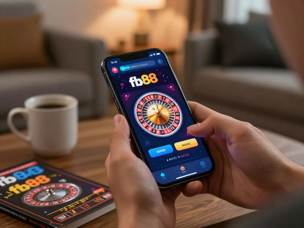 Player engages with fb88 mobile casino app showing roulette while enjoying a cozy evening
