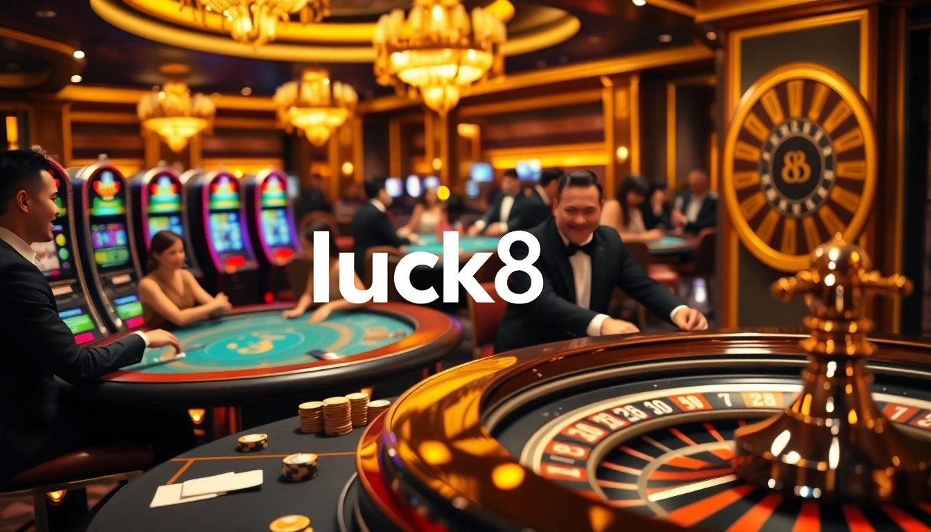 Experience the excitement of luck8 in a vibrant casino setting with engaged players and elegant decor.