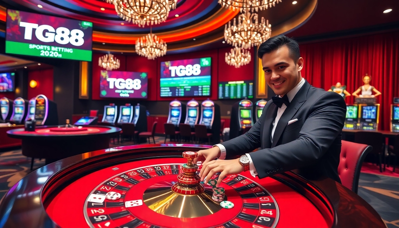 Players enjoying the thrill of betting at TG88 casino with vibrant tables and engaging dealers.
