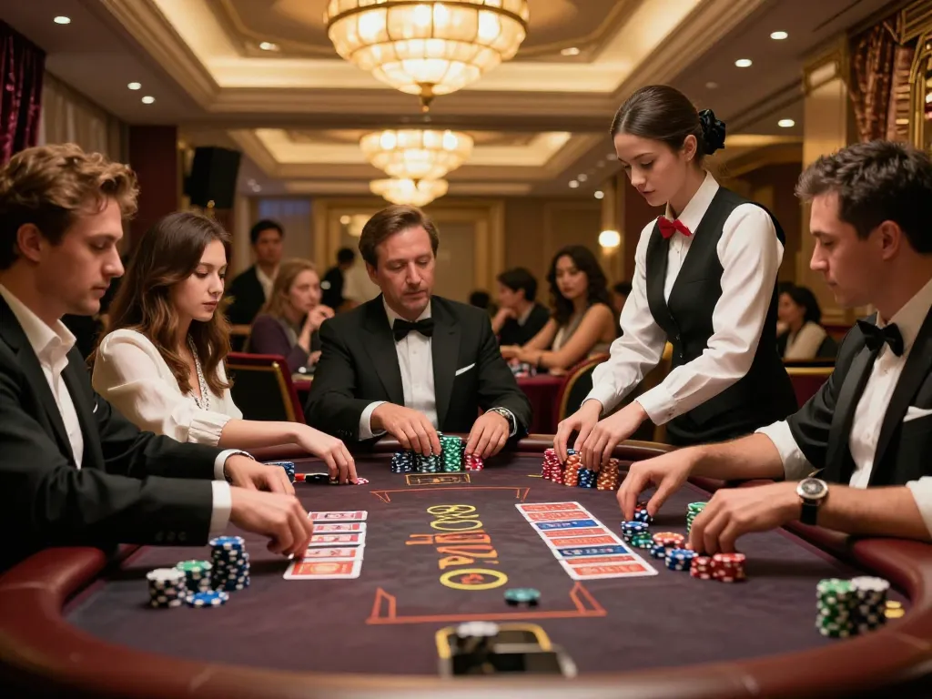 Players engaging in an intense game of blackjack at an upscale casino showcasing Ok9 strategy.