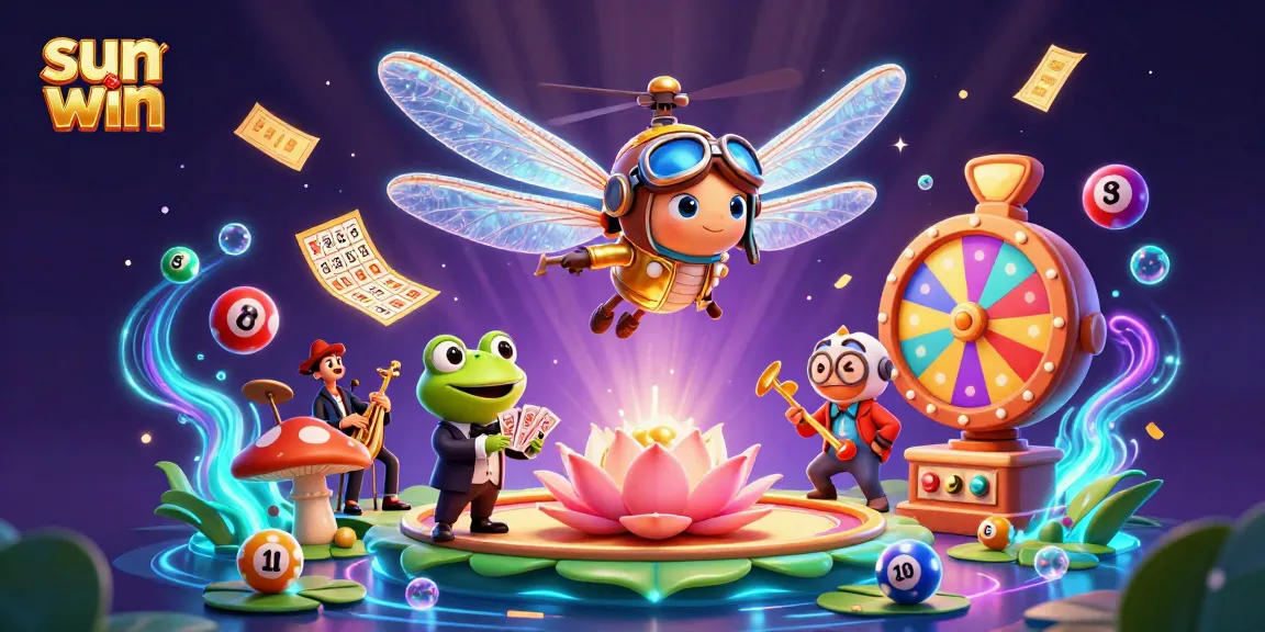 Experience sun win excitement with a lively scene featuring lottery action, vibrant characters, and casino elements.