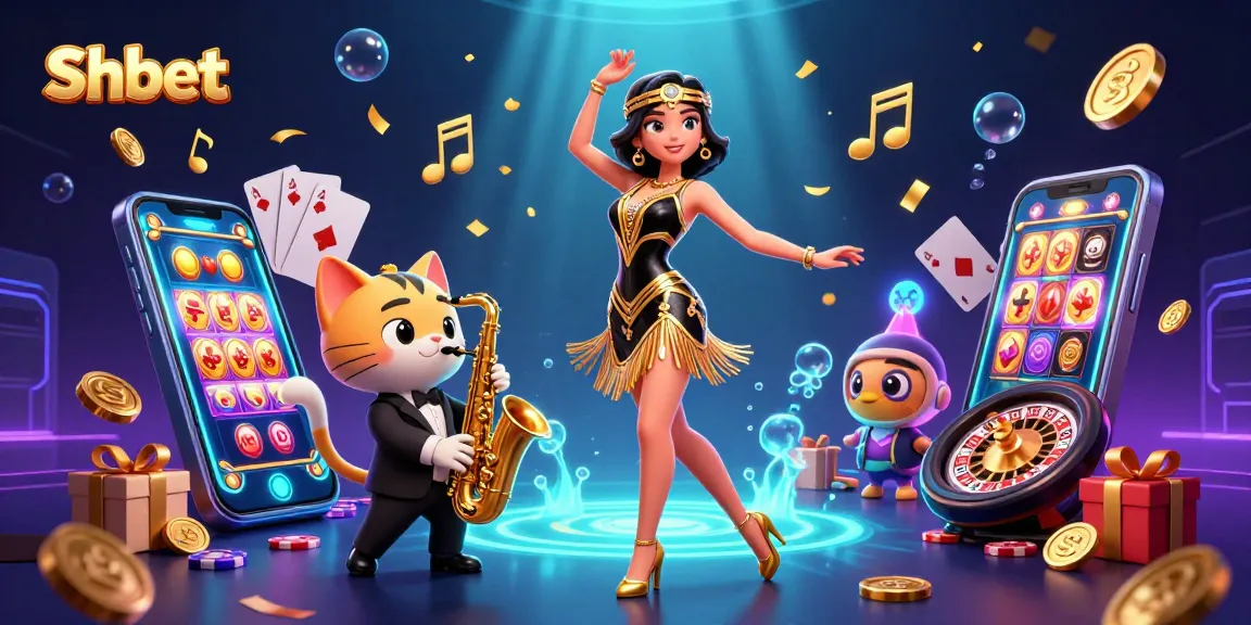 Shbet enriches the gaming experience with vibrant visuals of a flapper girl and a saxophone cat amidst slot games.
