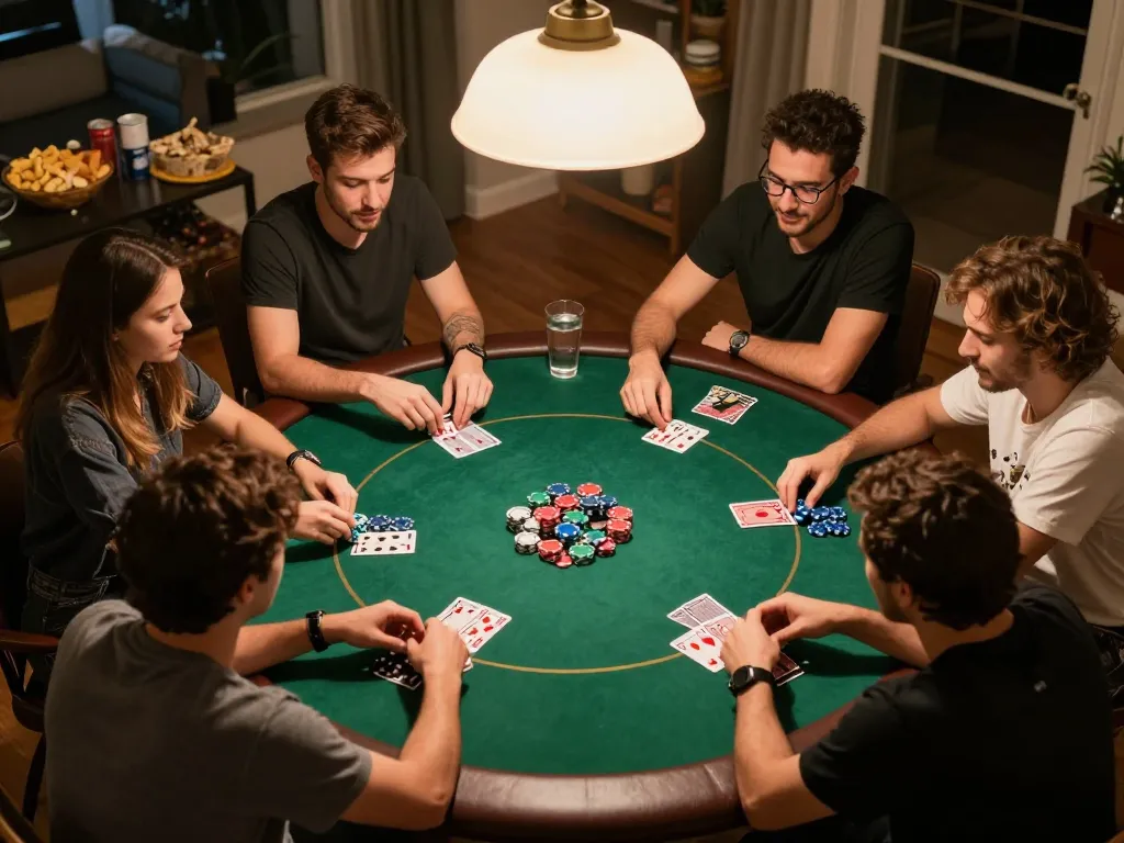 Players engaged in a home poker game while enjoying their time together, showcasing 13win co's community focus.