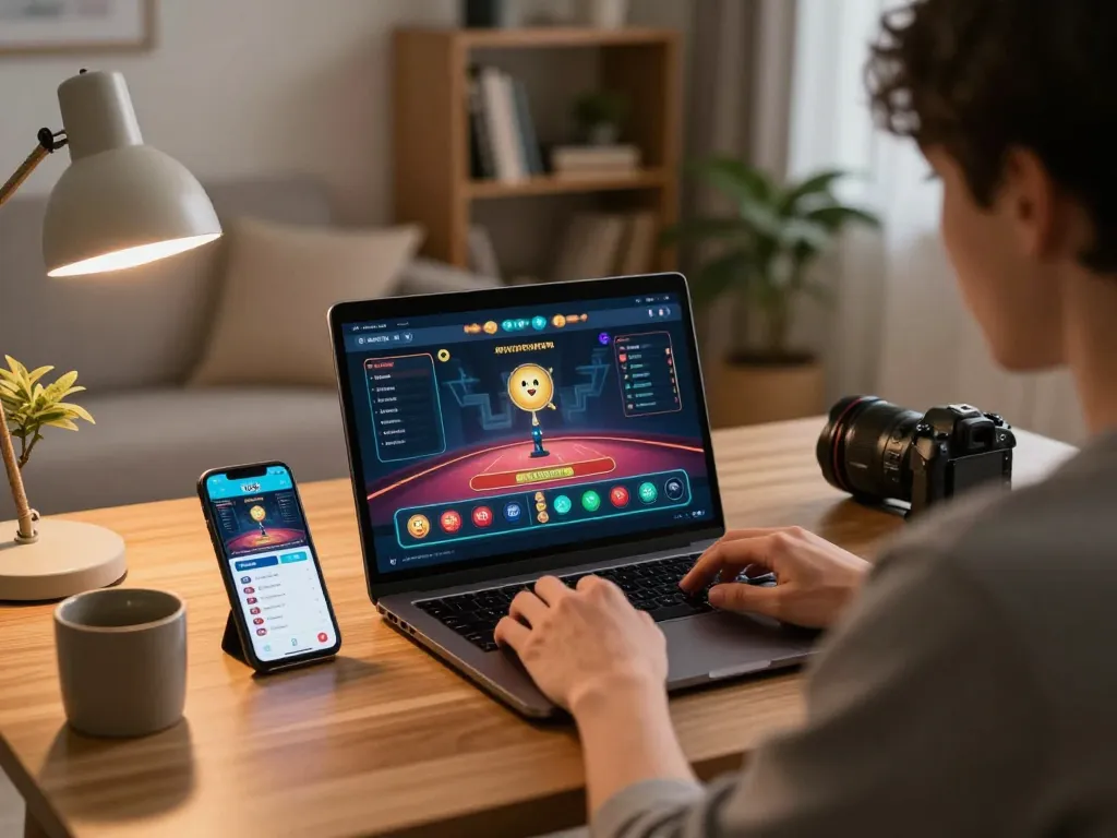 Enjoying online gaming at home with vu88 app interface on laptop in a cozy environment