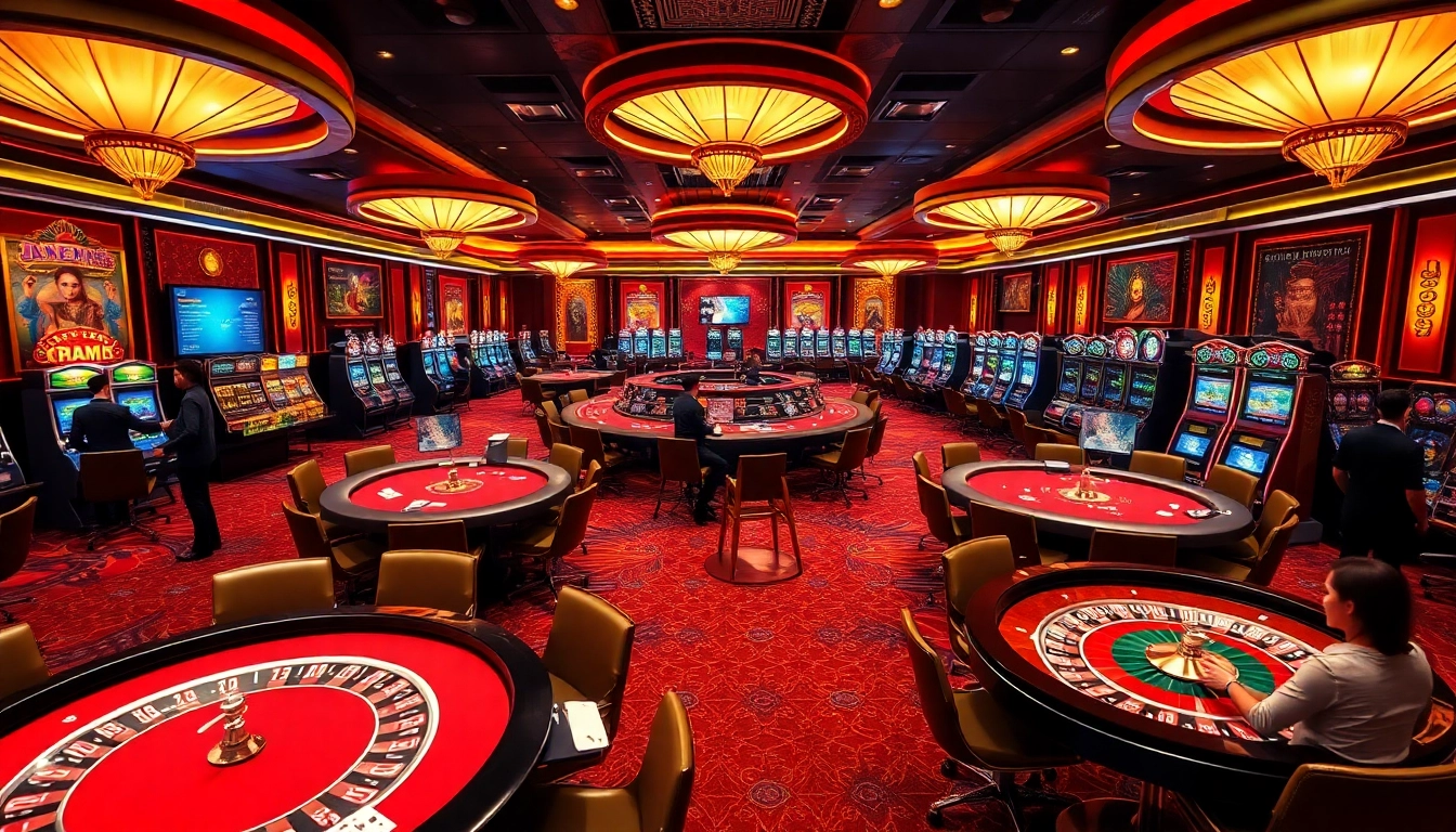 Experience the thrill of AF88 with vibrant casino tables and engaging gameplay in a luxurious setting.