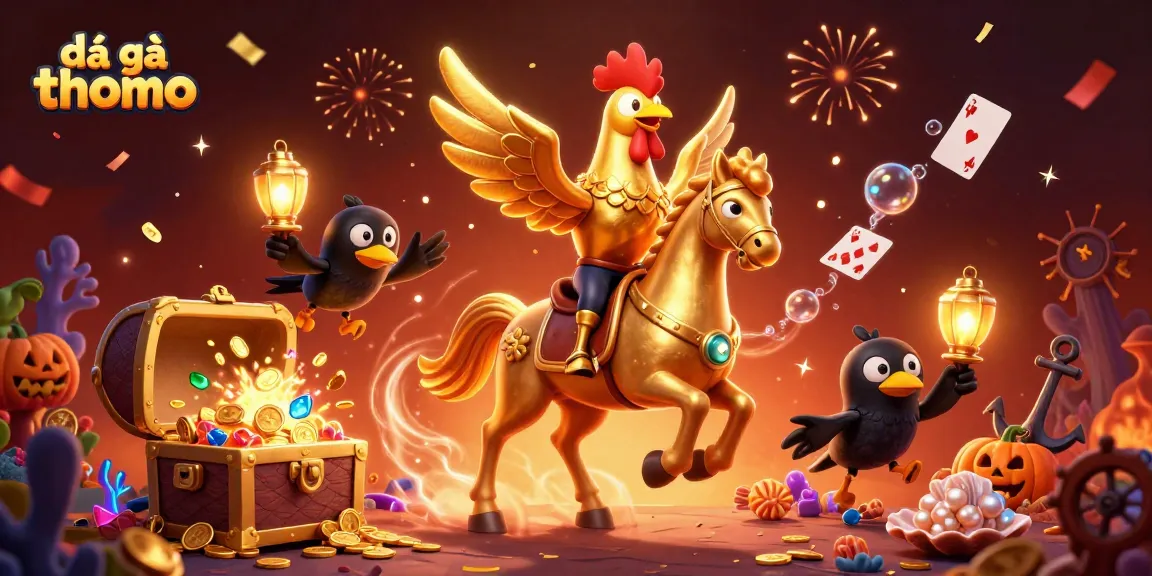Experience the excitement of đá gà thomo with a vibrant casino scene featuring golden rooster and friends.