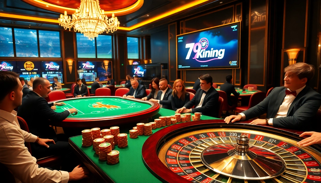 Players enjoy a thrilling poker game at nhà cái 79king casino, showcasing vibrant casino elements and excitement.