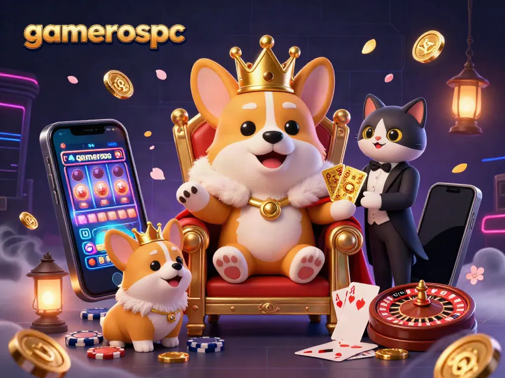 Entertain yourself in a dynamic gamerospc casino scene with a royal corgi and playful elements.
