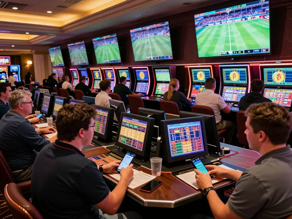 Excited bettors placing wagers on 89bet while watching live sports events in a lively casino atmosphere