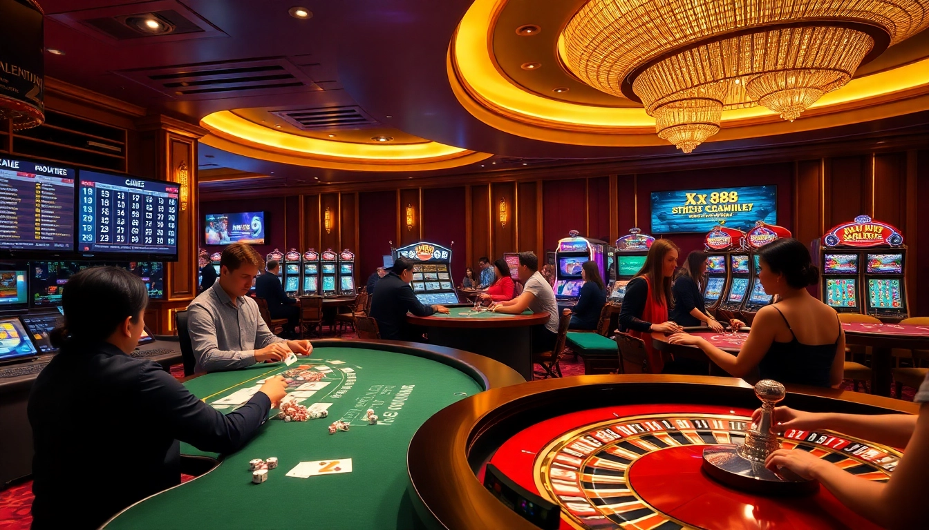 Players enjoying thrilling games at XX88 online casino with vibrant slot machines and card tables.
