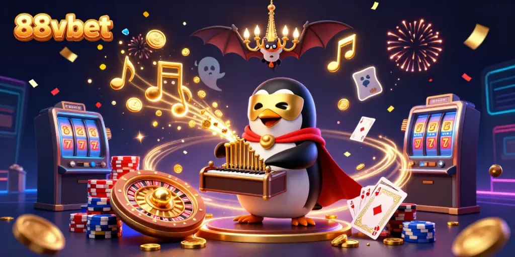 Experience thrilling moments at 88vbet with a vibrant casino scene featuring golden coins and lively characters.