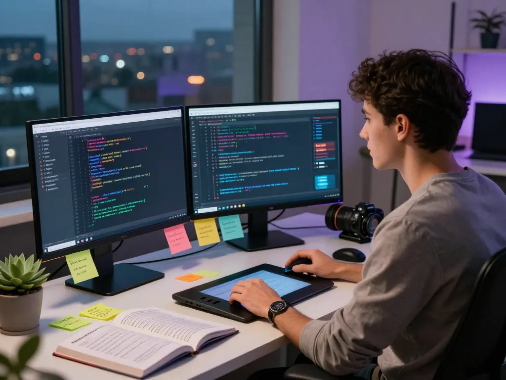 Moltbot in a professional coding workspace, featuring dual monitors displaying automation tasks and vibrant code.