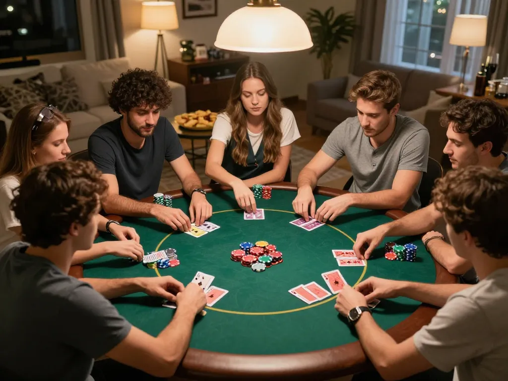 Play poker with friends during a home game night as shown at https://xo88.farm/ with chips and cards visible.