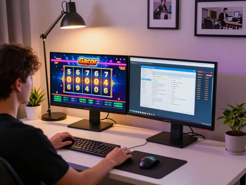 Engaging moment in Slot Gacor online gameplay with colorful graphics and strategic notes visible