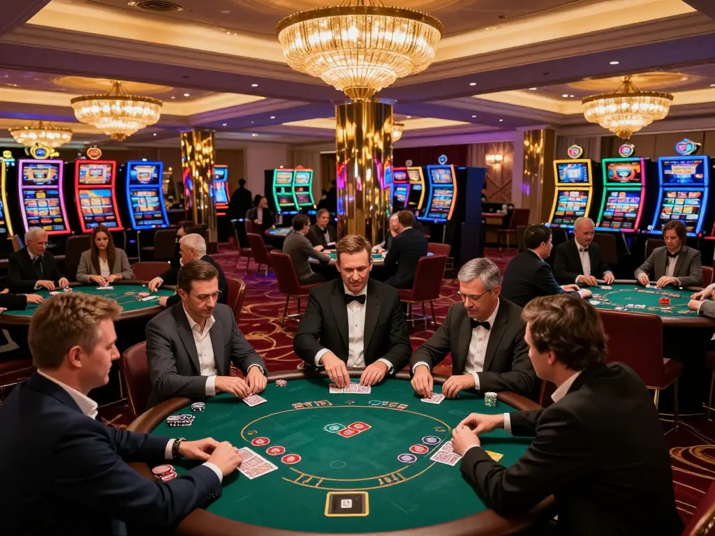 Experience the thrilling atmosphere of qh88go's upscale casino floor with active poker tables and vibrant lighting.