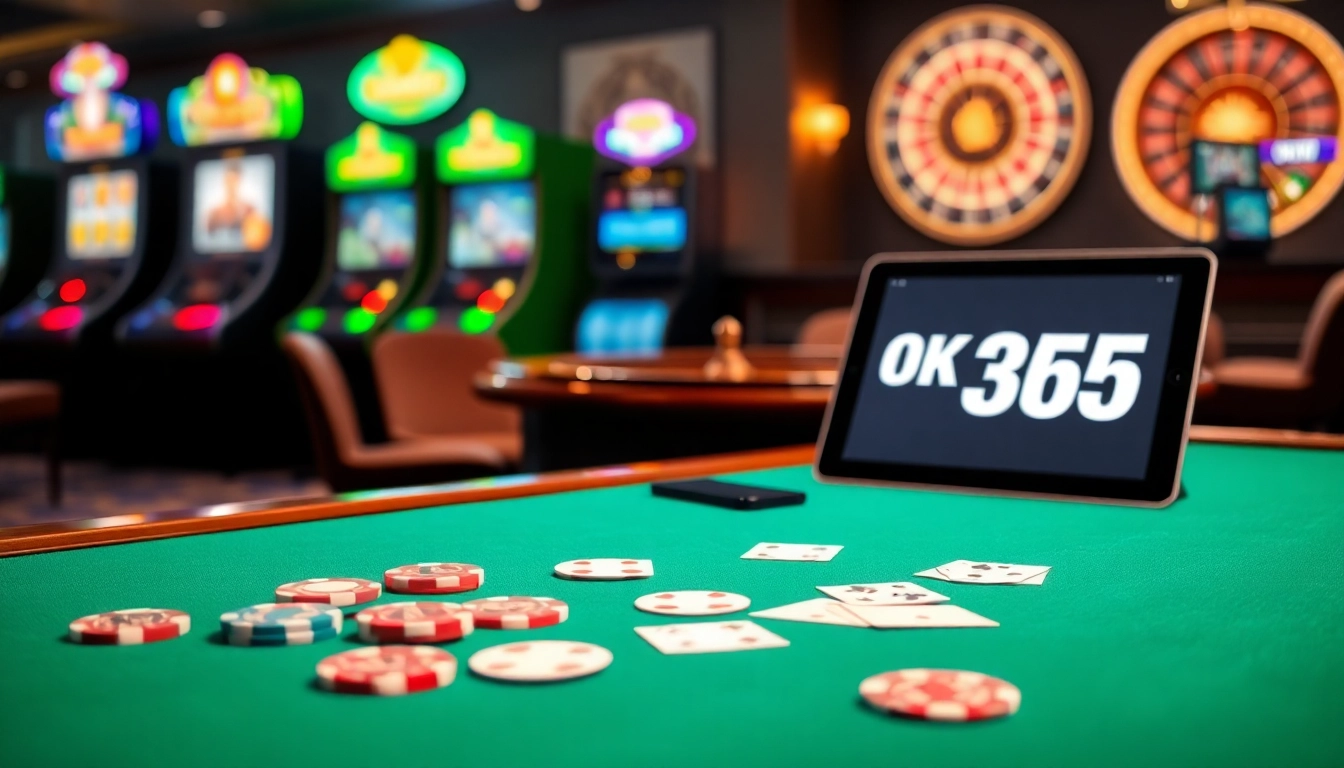 Betting action with poker chips and a vibrant casino backdrop at OK 365.