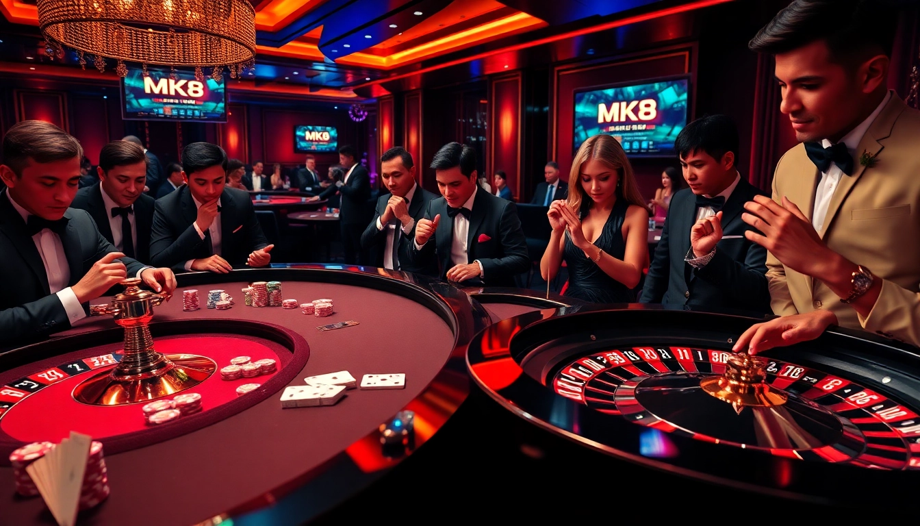 Excitement of MK8 gaming at a high-stakes poker table in a luxurious casino.
