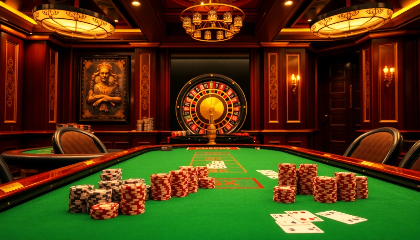 Experience the thrill at luck8's high-stakes poker table, showcasing vibrant chips and cards.