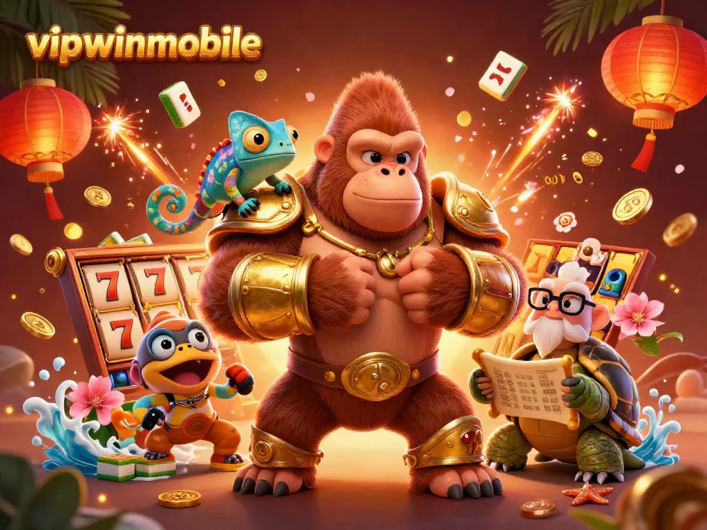 Experience thrilling slots with vipwinmobile's dynamic casino illustration featuring vibrant characters and game elements.