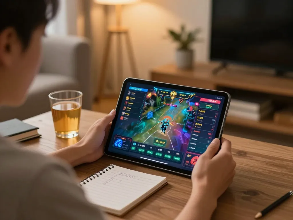 Daga betting scenario with live game interface on tablet in a warm home setting.