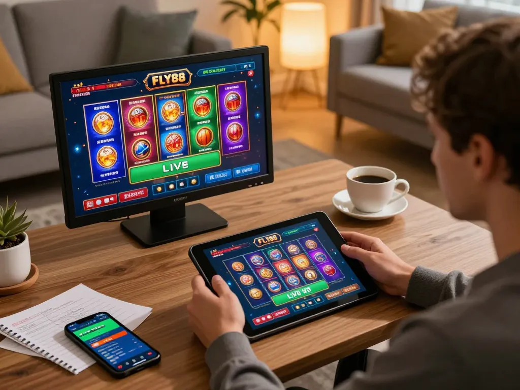 Player engaging with FLY88's online casino games on a tablet, showcasing strategic gameplay in a cozy setting.