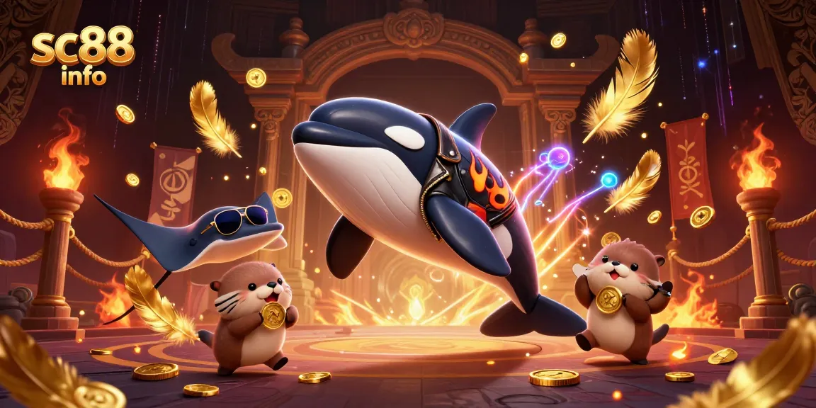 Capture the exciting "sc88 info" experience with vibrant sea creatures celebrating wins in a dynamic casino illustration.